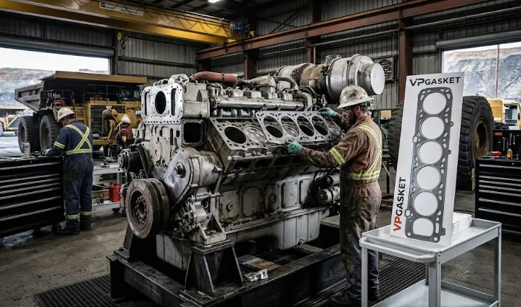 Heavy-duty Cummins QSK60 cylinder head gasket replacement and engine rebuild in a mining facility.