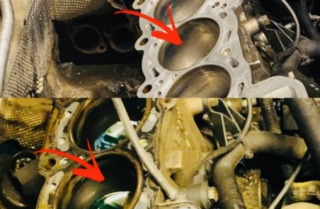Visual comparison of dirty vs. clean engine block sealing surface.