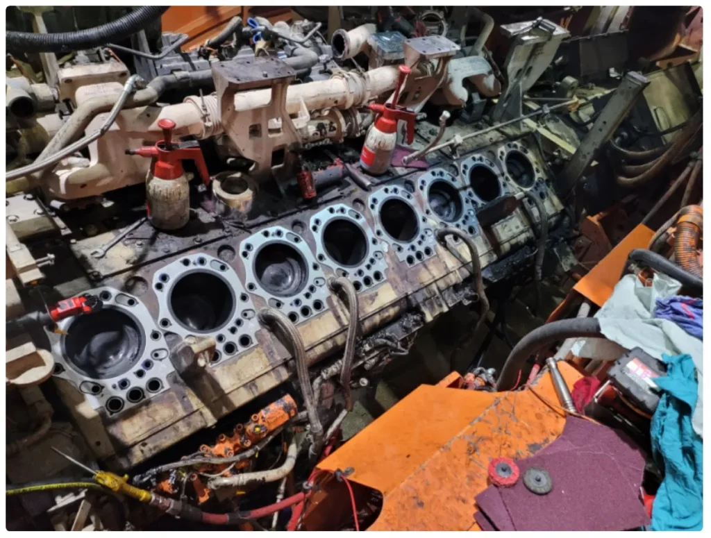 A close-up view of the massive dual Cummins QSK60 V16 engine bay inside the Liebherr R9800, showing clean air filters, heavy-duty cooling fans, and large exhaust pipes