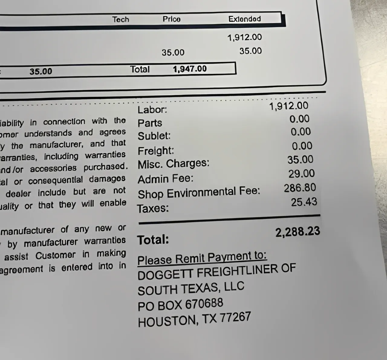 Invoice breaking down the cost of an intake manifold gasket replacement.