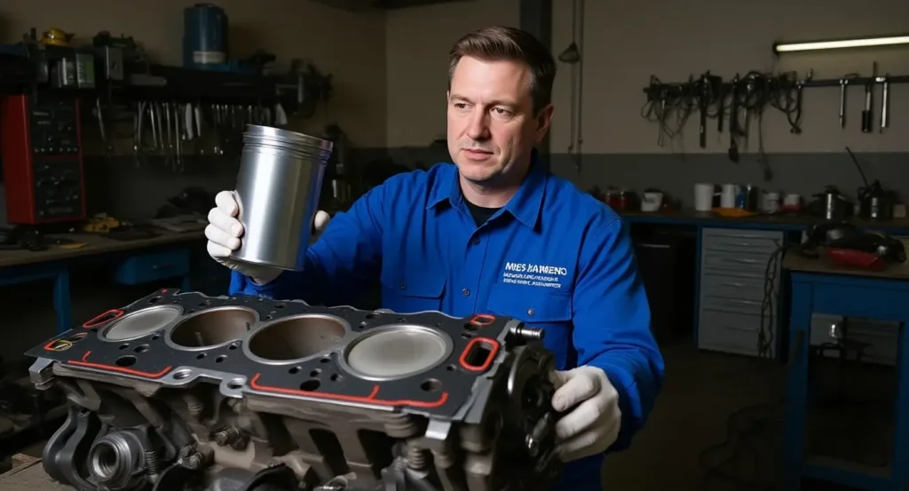 Mechanic installing piston and connecting rod in Cummins diesel engine during premium overhaul kit rebuild.