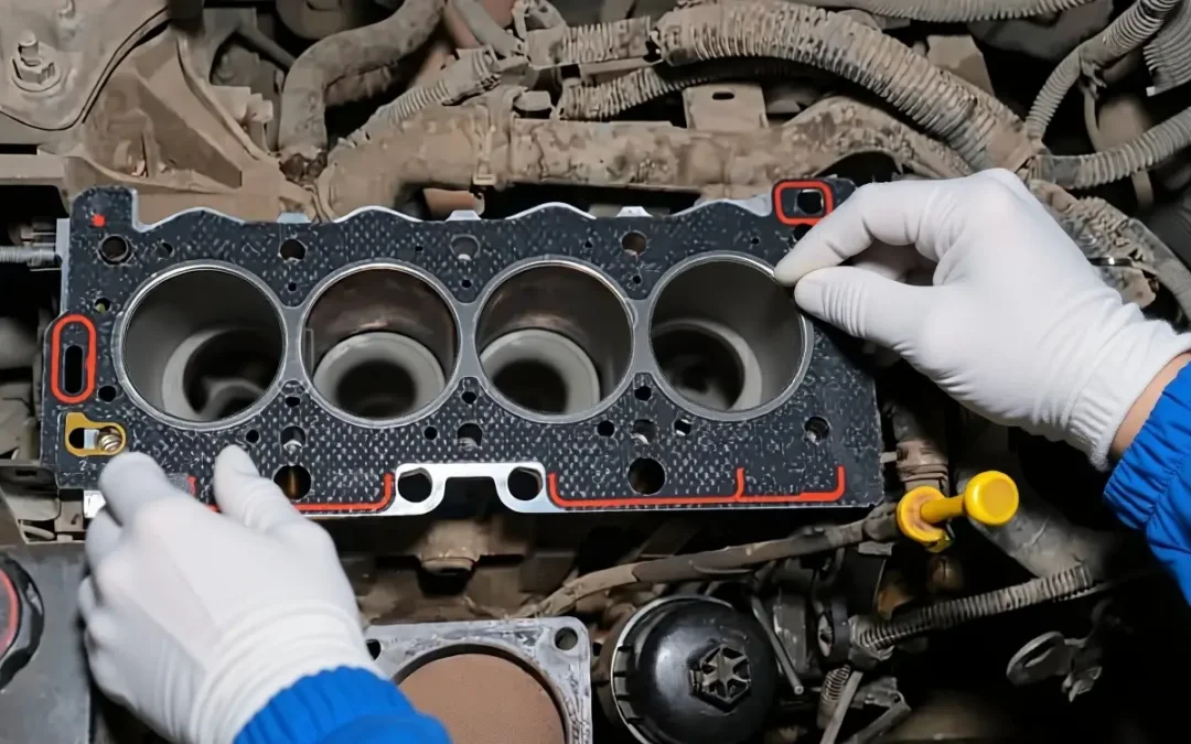 Gloved mechanic installing engine components during VPGASKET heavy-duty overhaul kit assembly.