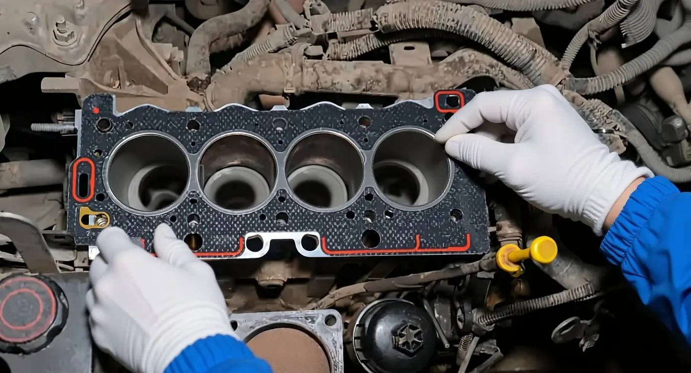 Gloved mechanic installing engine components during VPGASKET heavy-duty overhaul kit assembly.
