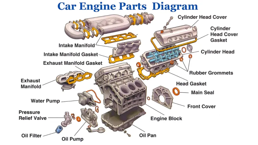 Detailed exploded technical diagram of engine block and head gasket sealing zones with labeled combustion pressure and fluid passages.