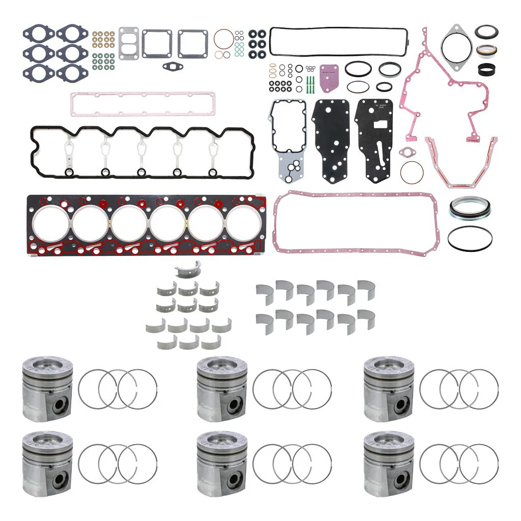 Complete 12 Valve Cummins 6BT overhaul rebuild kit layout including pistons, rings, and gaskets.