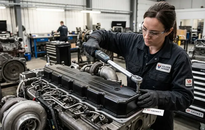 Heavy-duty diesel mechanic applying exact torque sequence to a valve pan gasket installation.