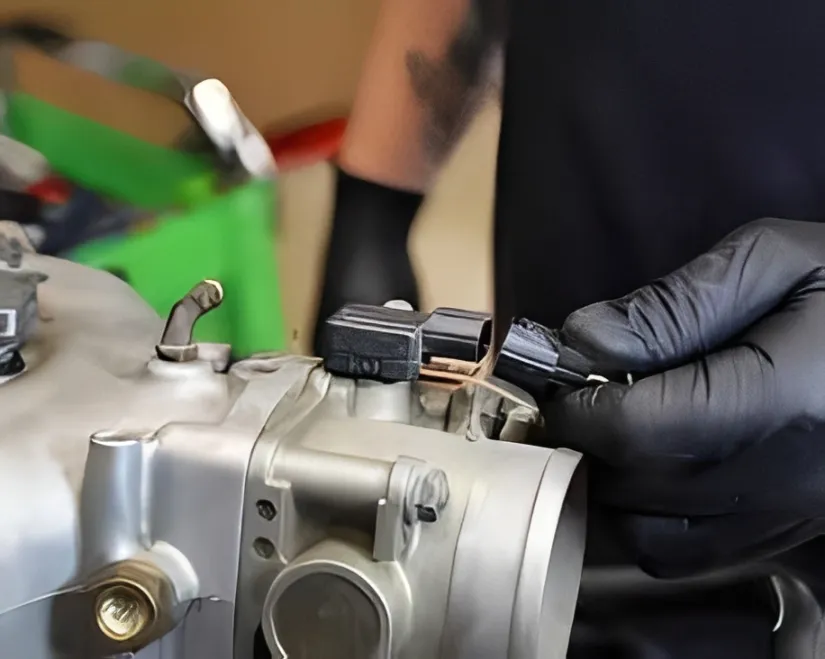 Mechanic replacing a throttle body gasket on an engine intake manifold.