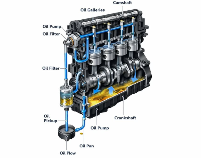 A detailed diesel engine oil flow diagram highlighting the lubrication paths from the oil pan through the turbocharger and main bearings
