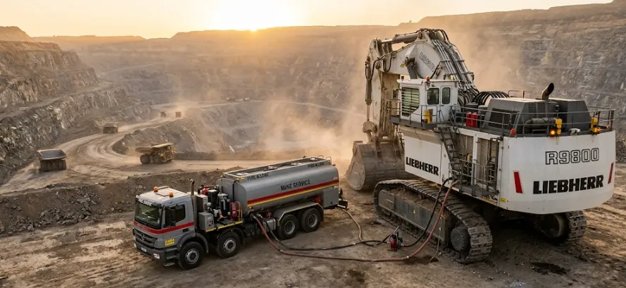 A massive fuel and lube service truck parked next to the Liebherr R9800, actively pumping thousands of liters of diesel and hydraulic fluid into the excavator's tanks.