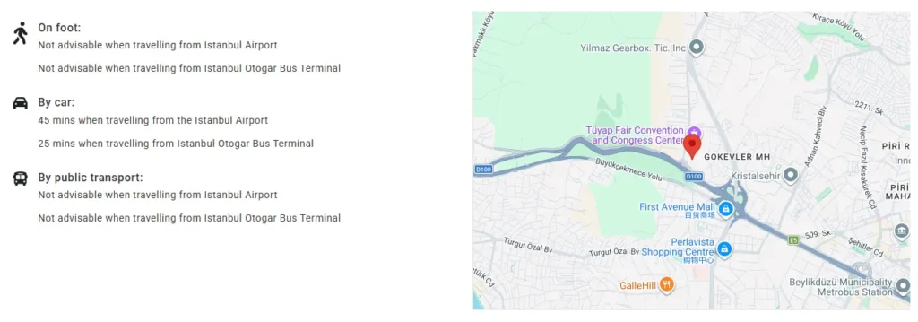  A map graphic showing the location of the TUYAP Exhibition Center in Beylikdüzü, Istanbul, with clear markers indicating the distance to Istanbul Airport and nearby top-rated hotels