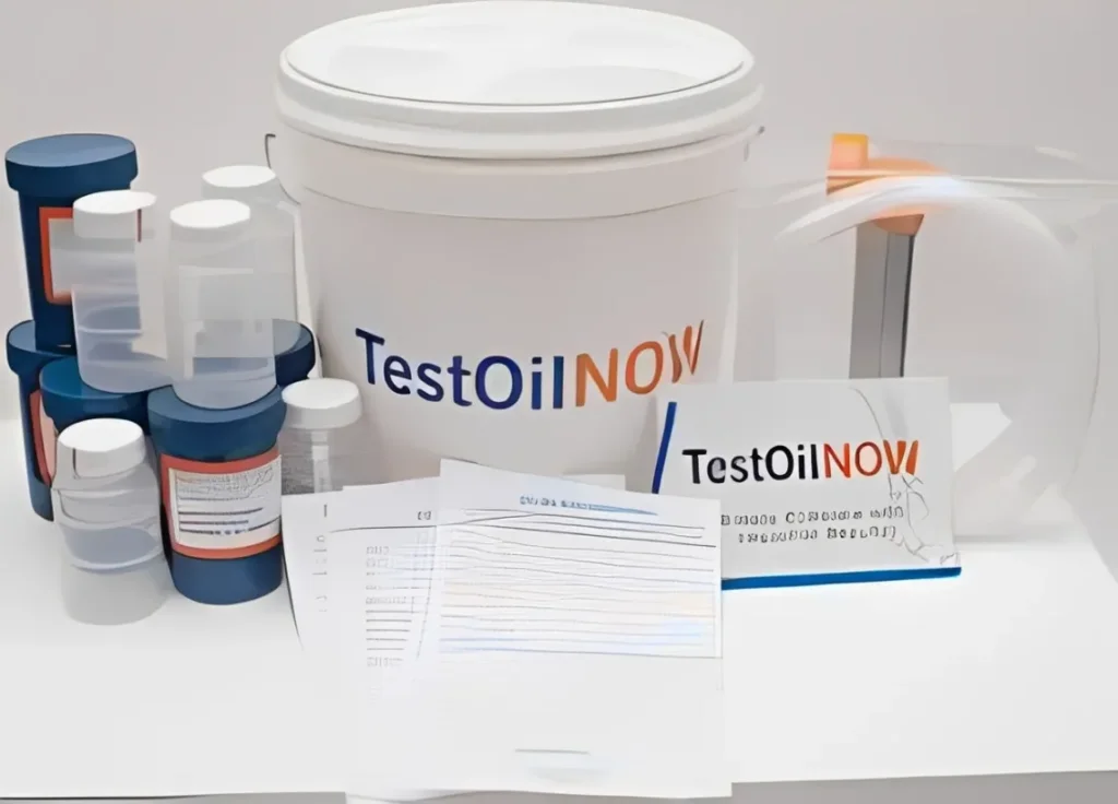A professional diesel oil analysis testing kit showing a small plastic sample bottle and a detailed laboratory lab analysis report