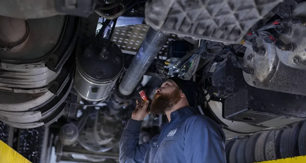 A professional diesel technician underneath a heavy commercial truck, carefully performing an oil change and replacing the engine oil filter.)