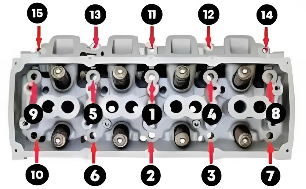 A professional diesel mechanic carefully torquing Cummins ISX15 cylinder head bolts using a highly calibrated digital torque wrench and angle gauge.