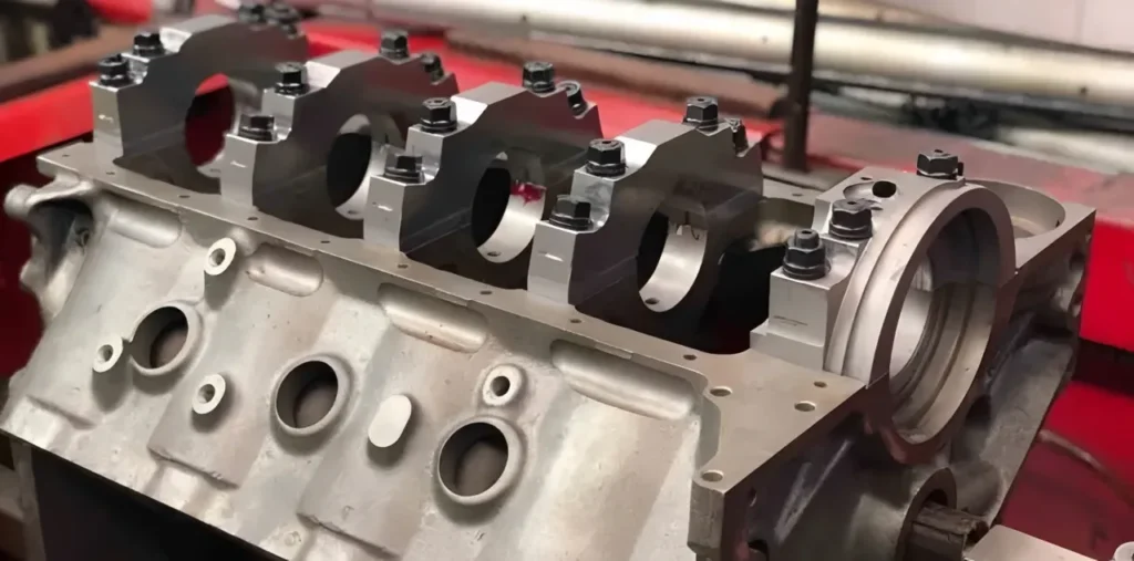  A beautifully machined Cummins ISX15 engine block turned upside down on an engine stand, showcasing the massive crankshaft and installed main bearing caps
