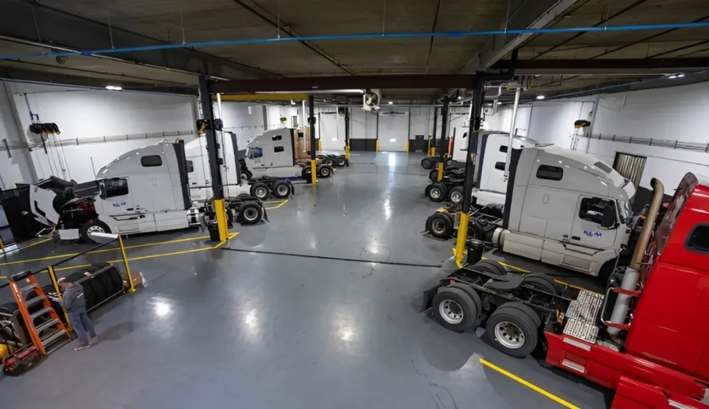 A massive fleet maintenance garage showing multiple heavy-duty diesel trucks parked in service bays undergoing routine oil service and gasket inspections.