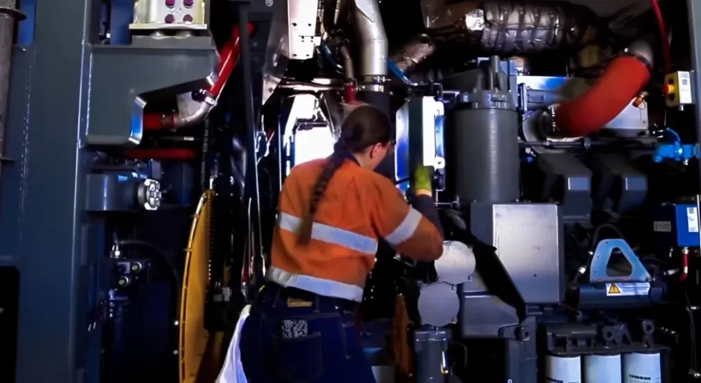  A brightly lit, spacious hydraulic pump room inside the R9800, featuring neatly organized high-pressure hoses, massive hydraulic pumps, and easy-to-read pressure gauges