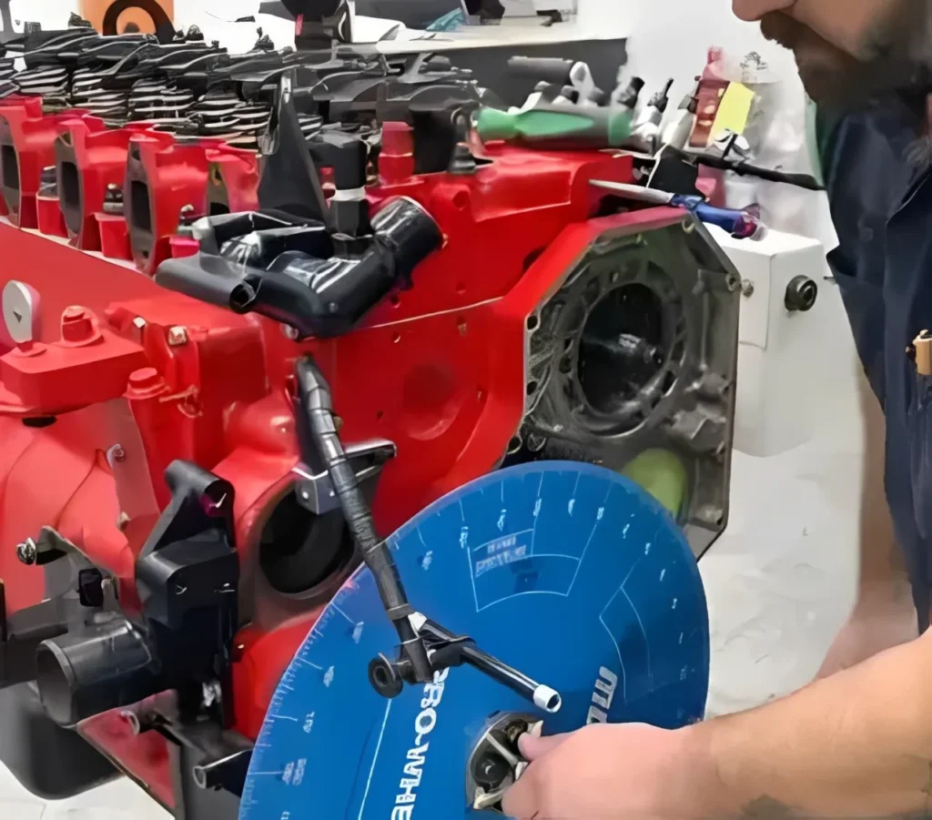 Mechanic installing an upgraded 12 valve Cummins oil cooler on the engine block
