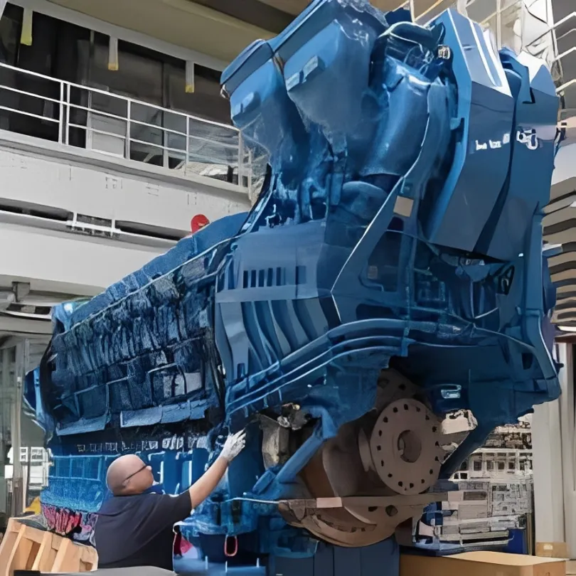 A skilled diesel mechanic working inside the engine bay of the Liebherr R9800, inspecting the massive turbochargers and checking for any signs of oil or coolant leaks