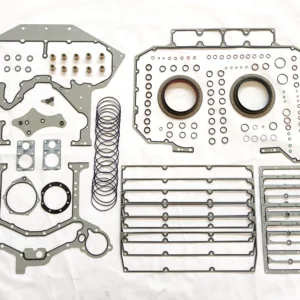 Unpacked components of the 4955391 QSK78 lower block gasket kit showing O-rings and seals