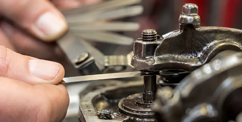 Mechanic adjusting heavy duty diesel engine valve lash