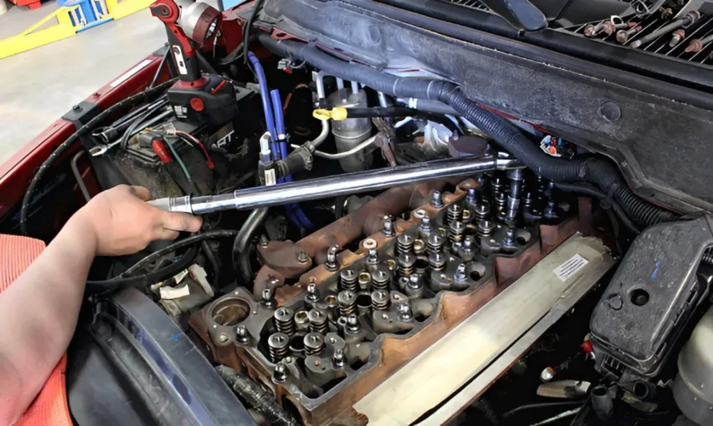 Mechanic installing a heavy-duty head gasket to protect Dodge 2500 towing capacity.