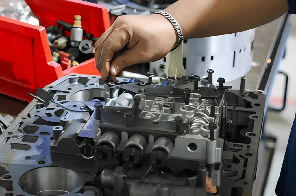 Mechanic inspecting transmission valve body seals for heavy towing.