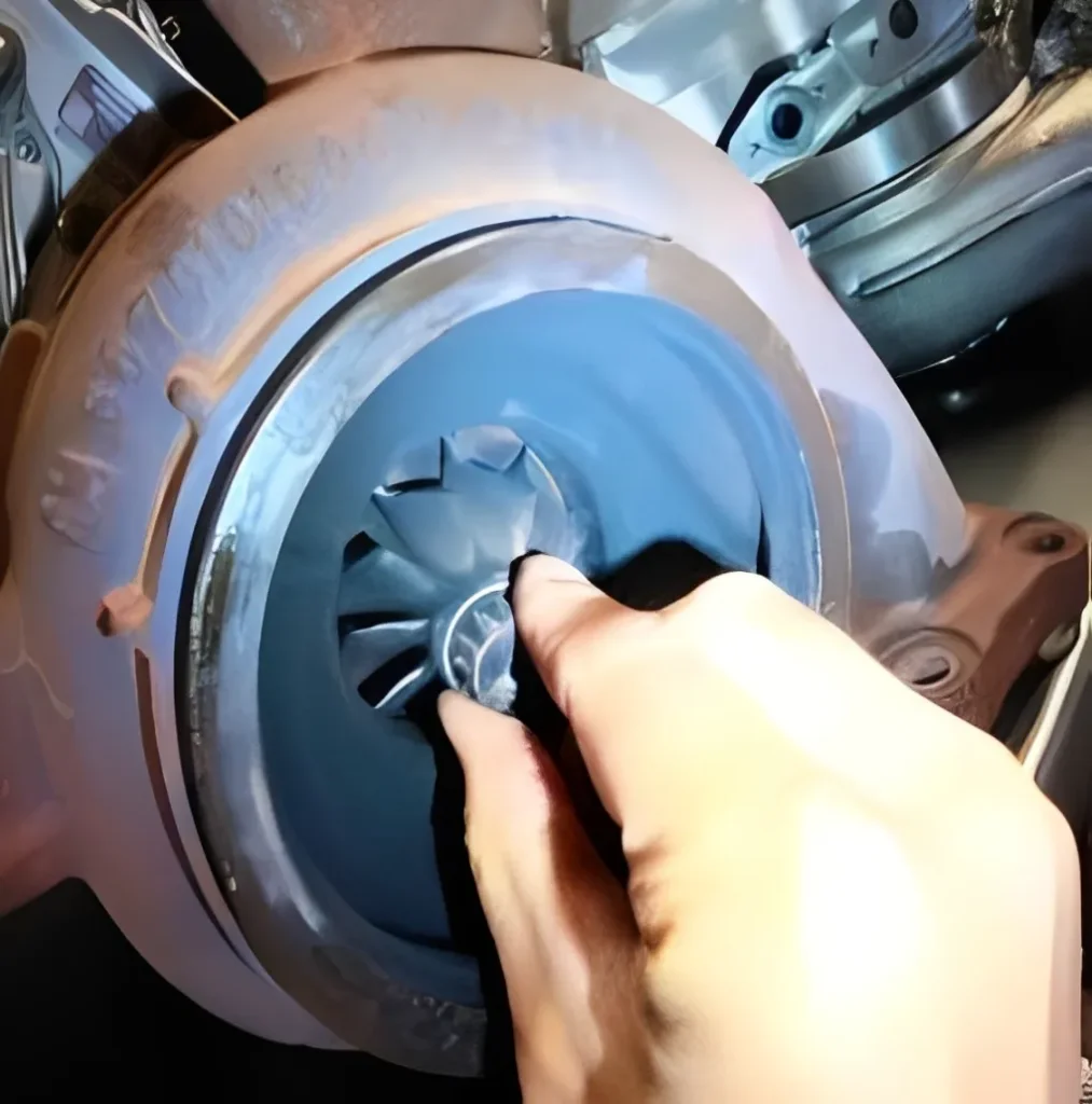 Diesel mechanic inspecting fouled turbocharger