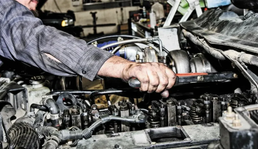 Heavy-duty diesel mechanic inspecting engine manifold