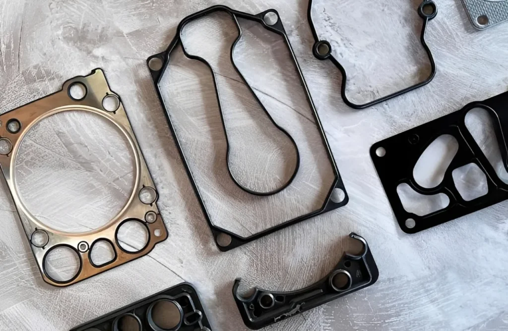 Comparing the components of an OEM vs aftermarket Cummins gasket kit on a workbench.