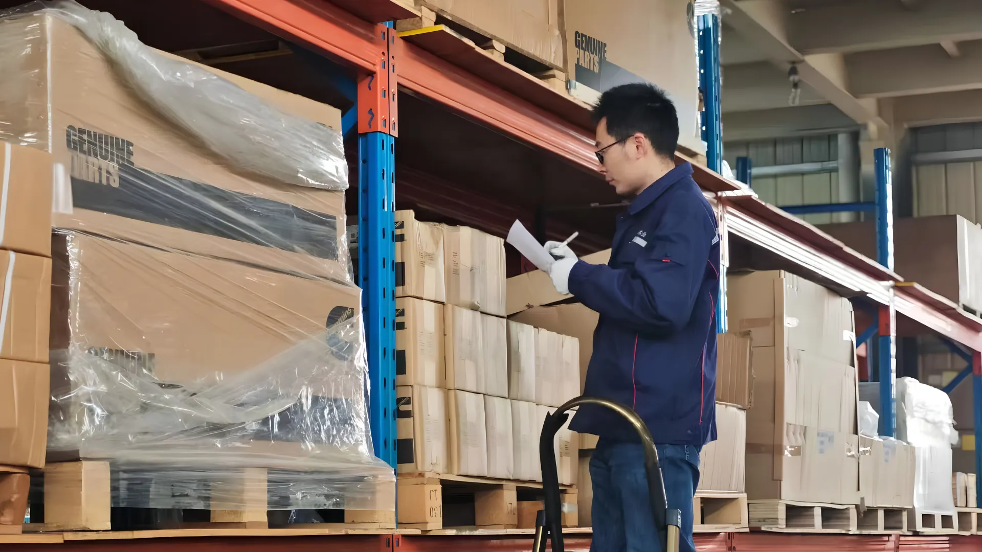 Warehouse team preparing engine parts