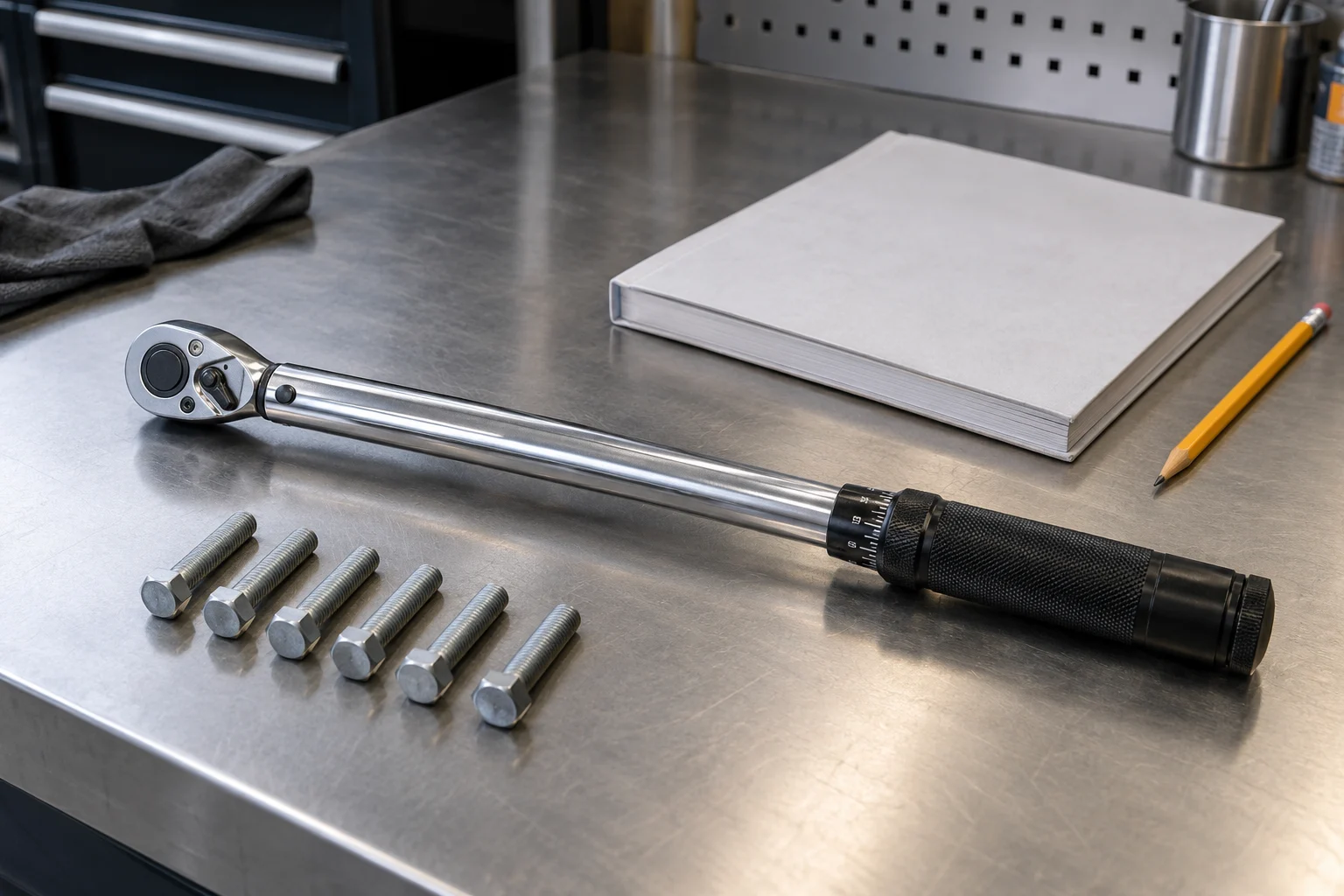 Torque wrench and bolts beside a service manual