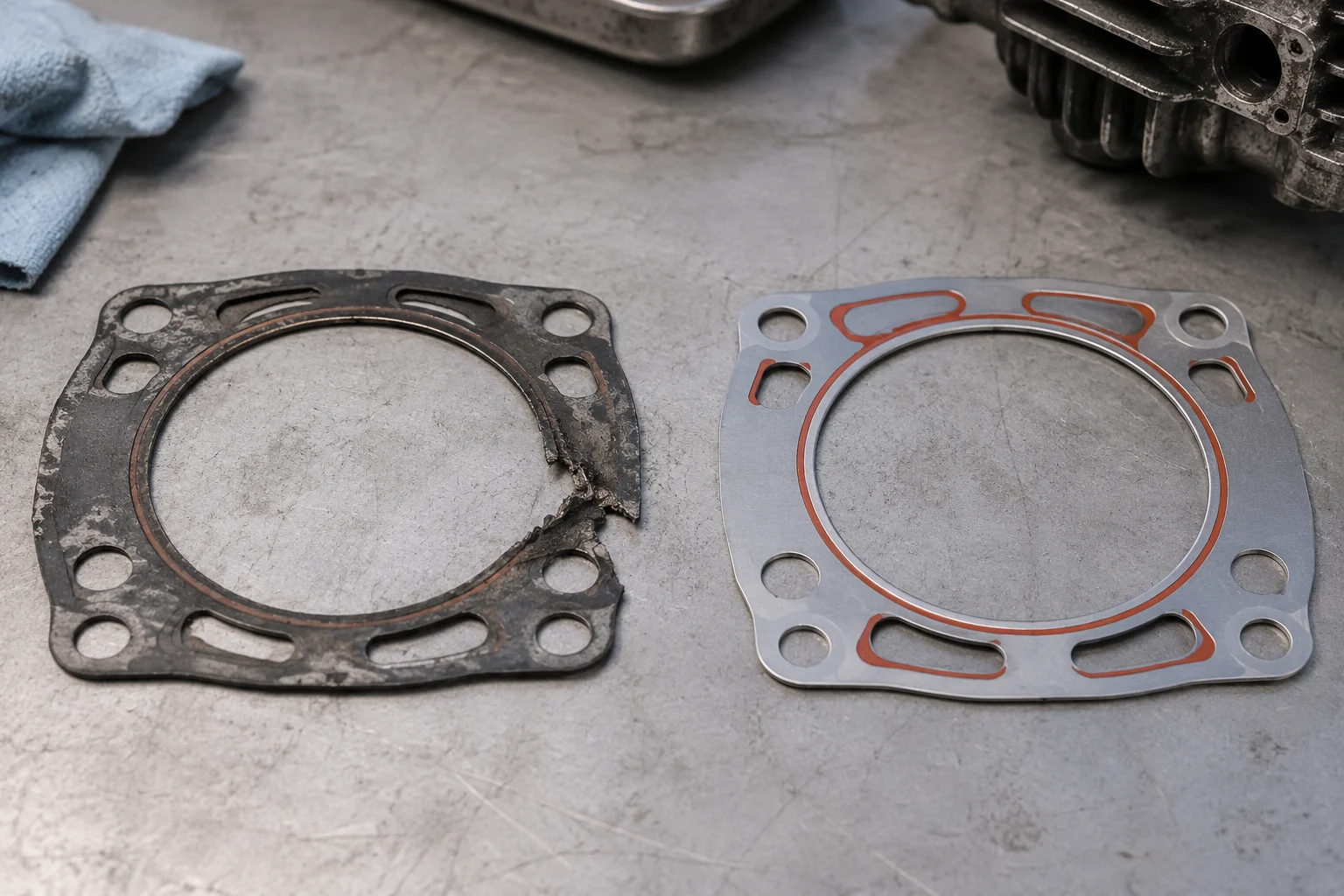 Damaged and intact small compressor gaskets compared