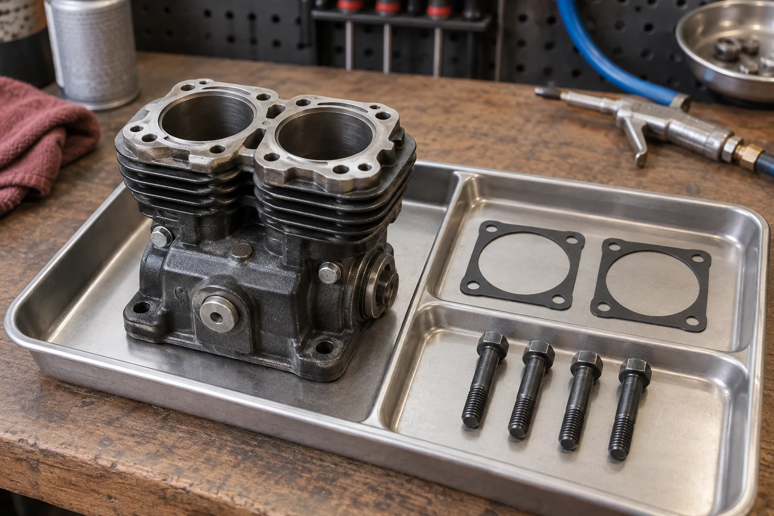 Small compressor components separated for repair inspection