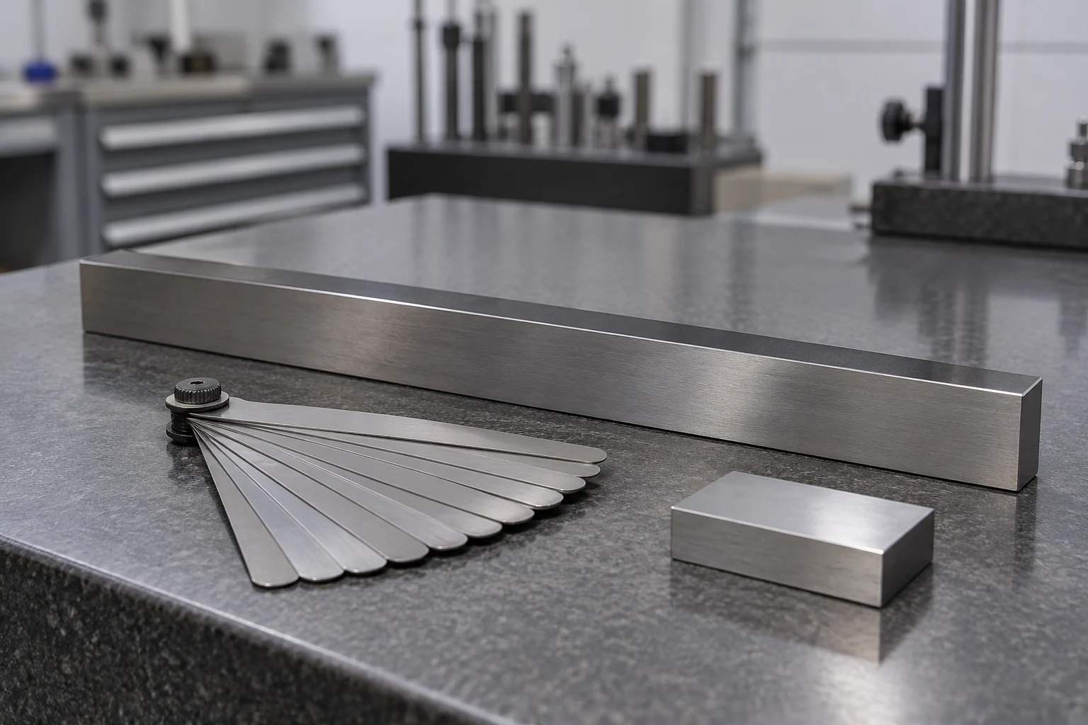 Straightedge and feeler gauges prepared for an OEM-specified surface inspection