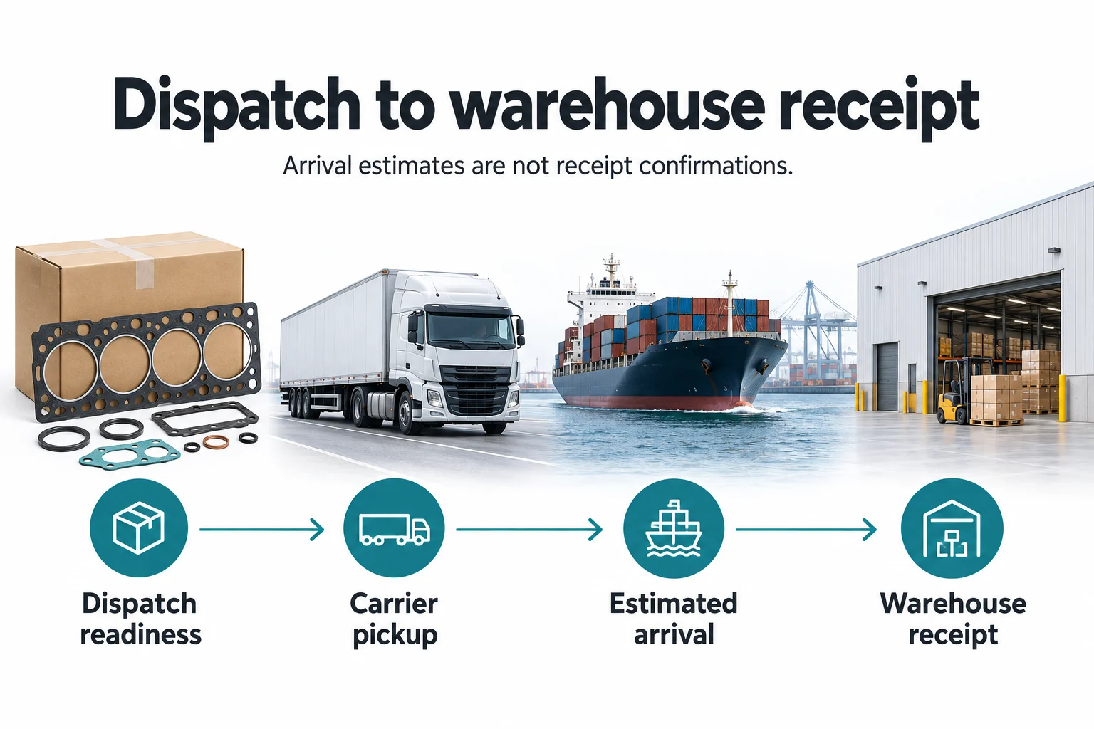 Diesel gasket shipment timeline from dispatch readiness through carrier pickup to warehouse receipt