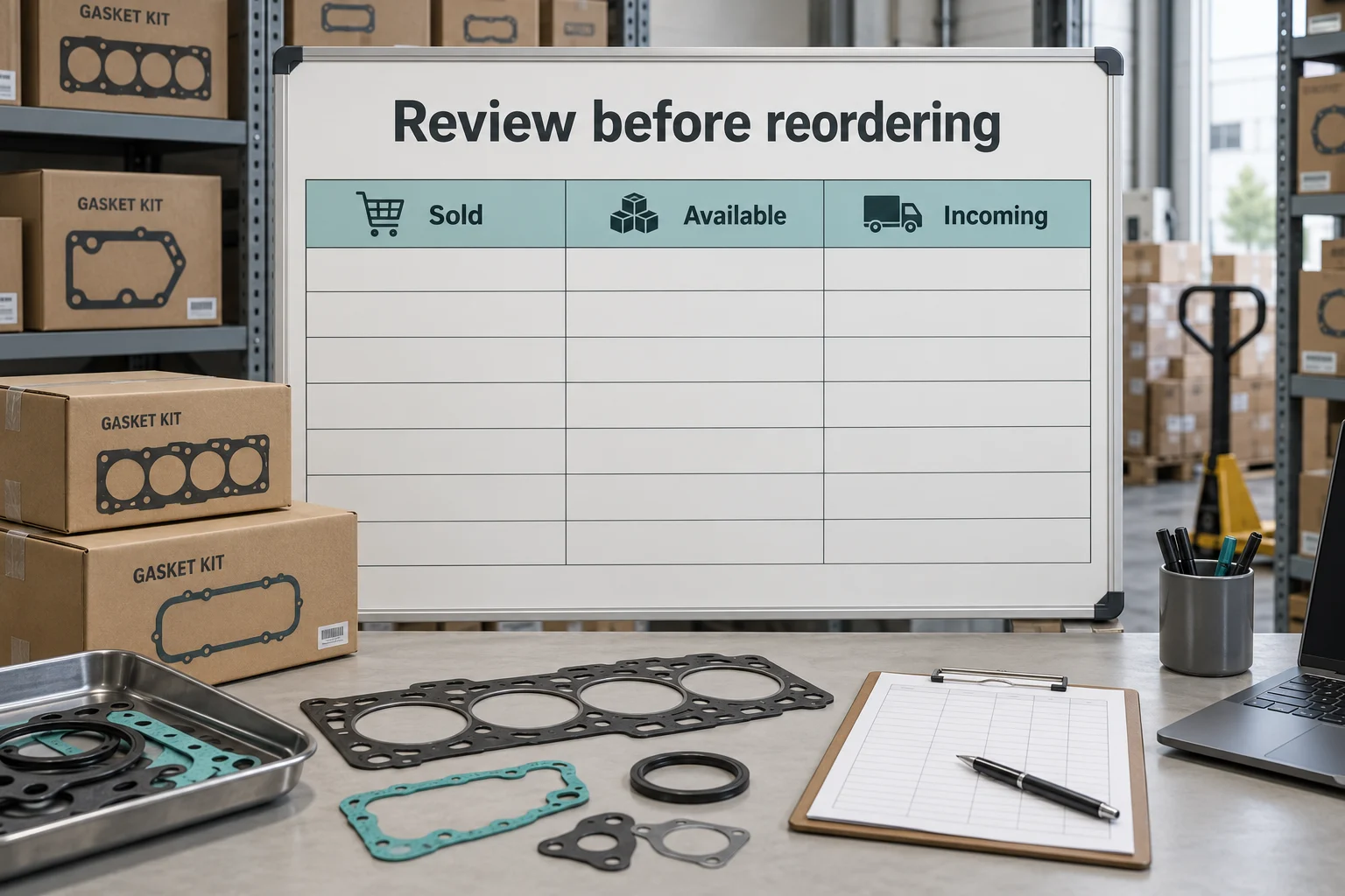 Distributor dashboard comparing gasket-kit sales stock and open orders