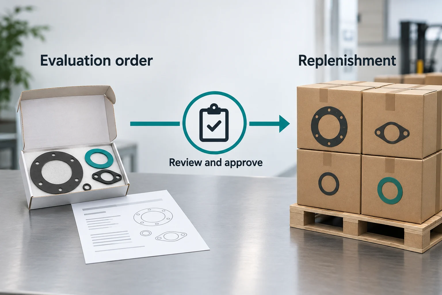 Distributor plan separating a trial gasket-kit order from replenishment