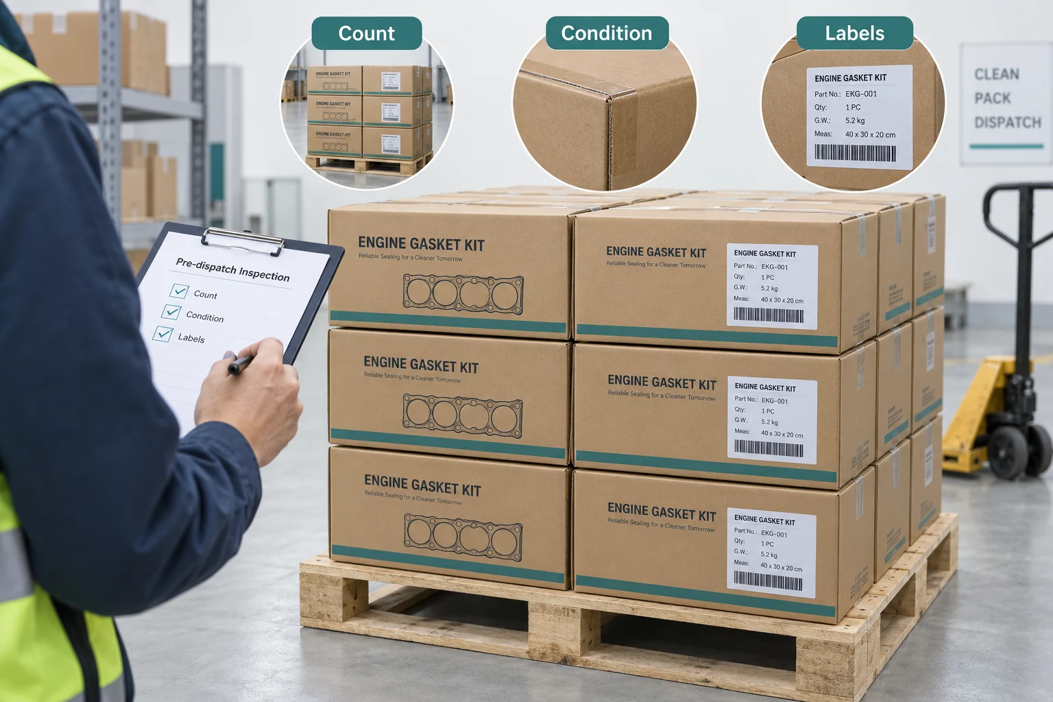 Closed gasket-kit cartons checked before dispatch