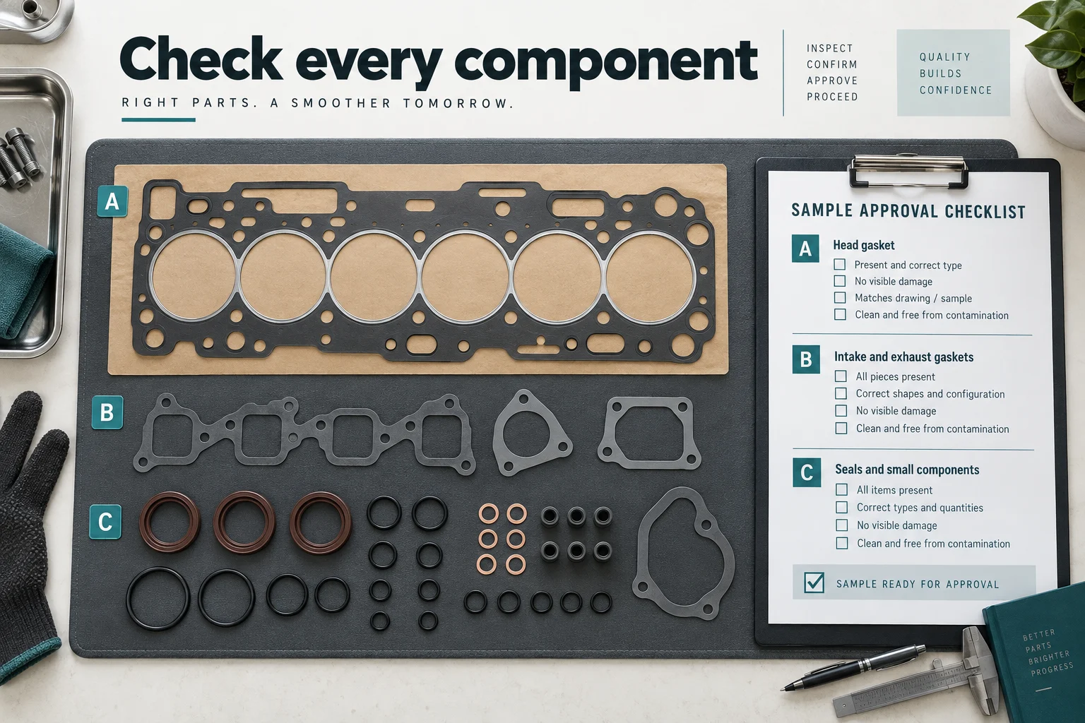 Gasket kit sample components compared with an approved contents list