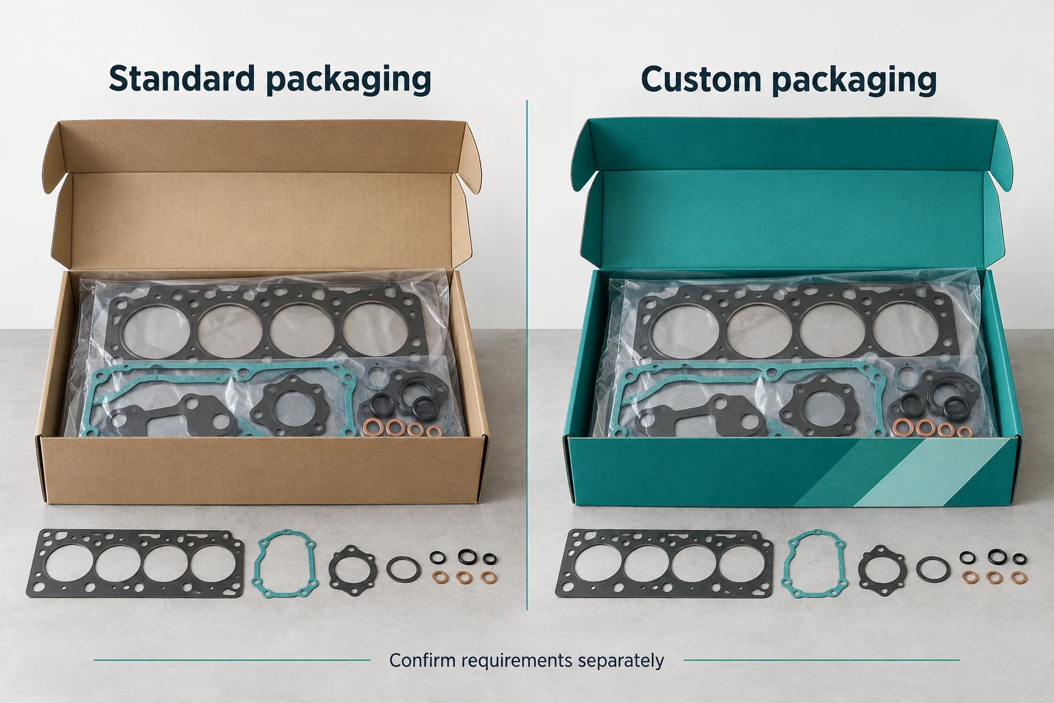 Standard gasket-kit packaging compared with a branded carton