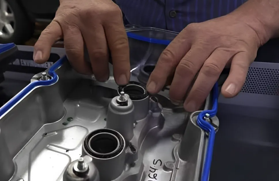 Technician checking a diesel valve cover sealing surface.