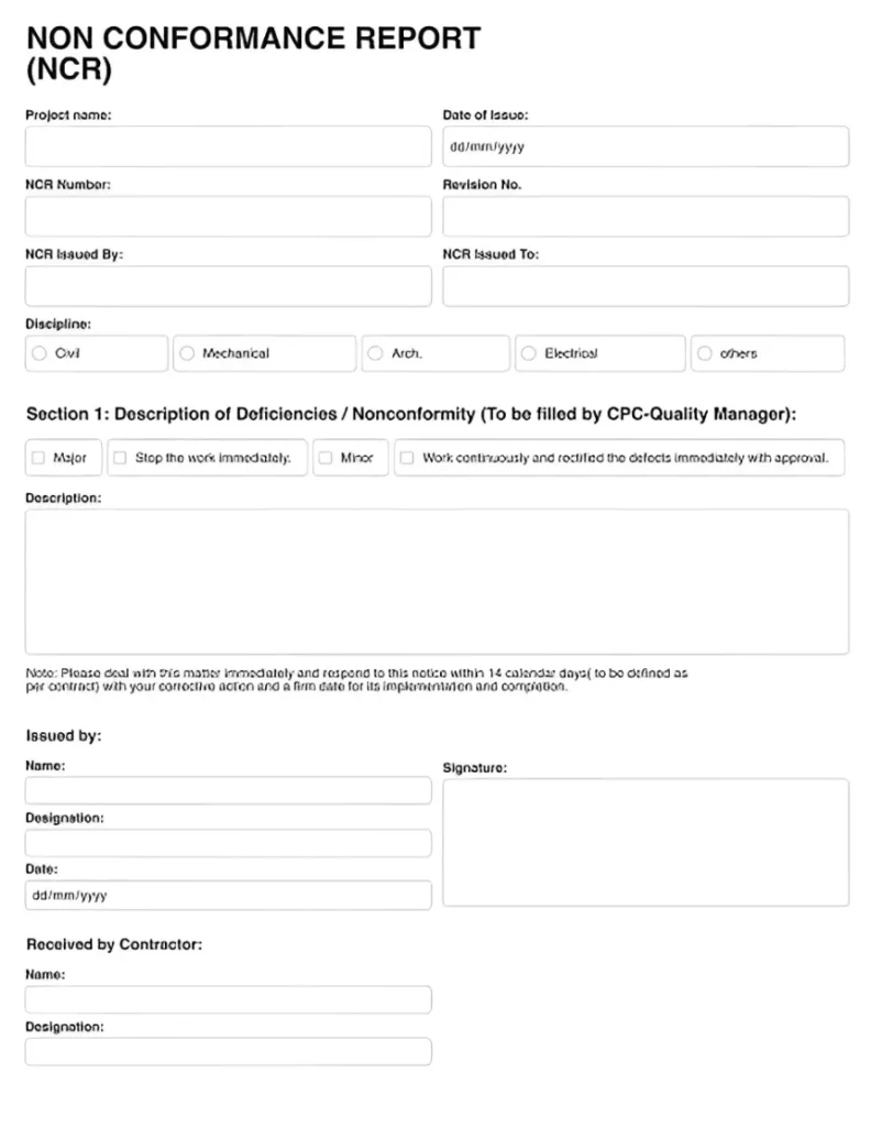 Example of a Nonconformance Report (NCR) form for engine gasket kits.

