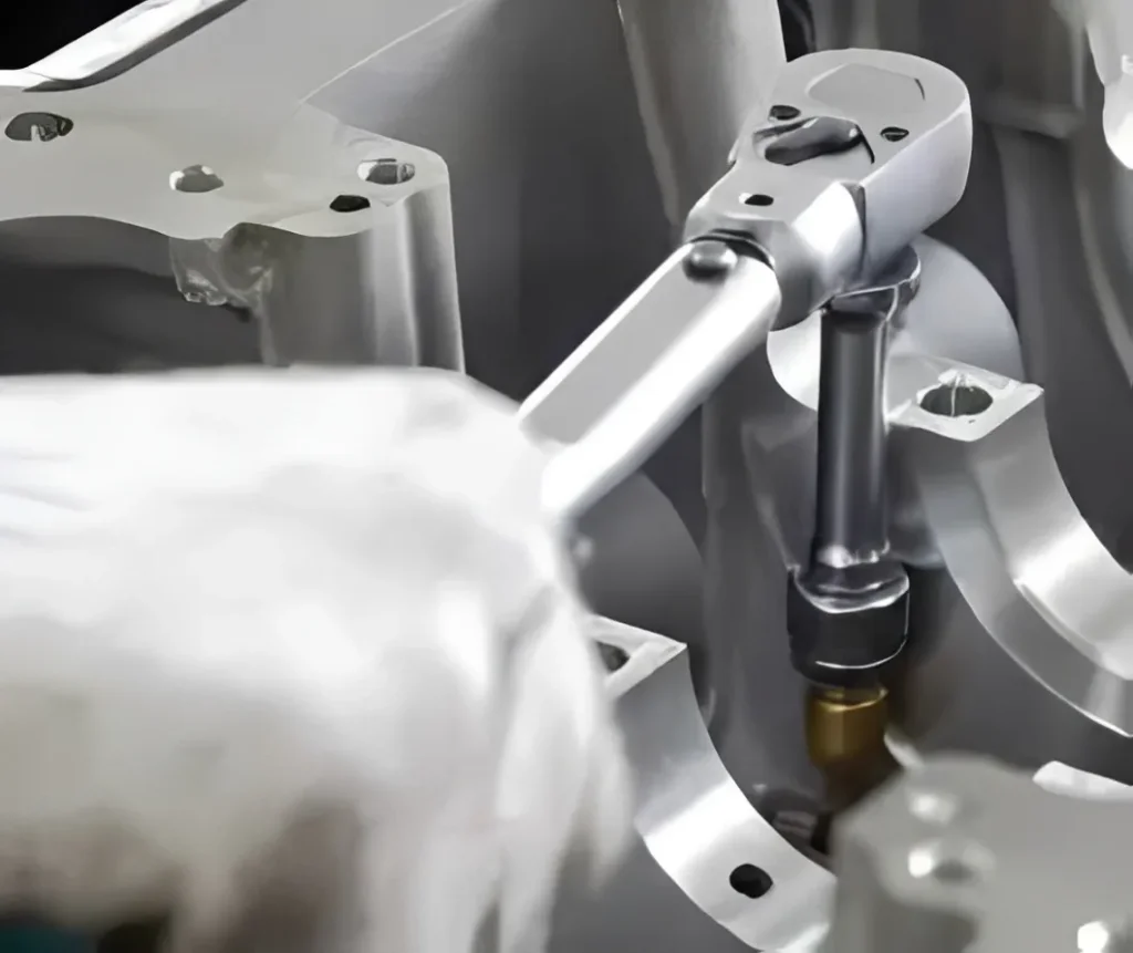 Technician using a calibrated torque wrench in a marked sequence
