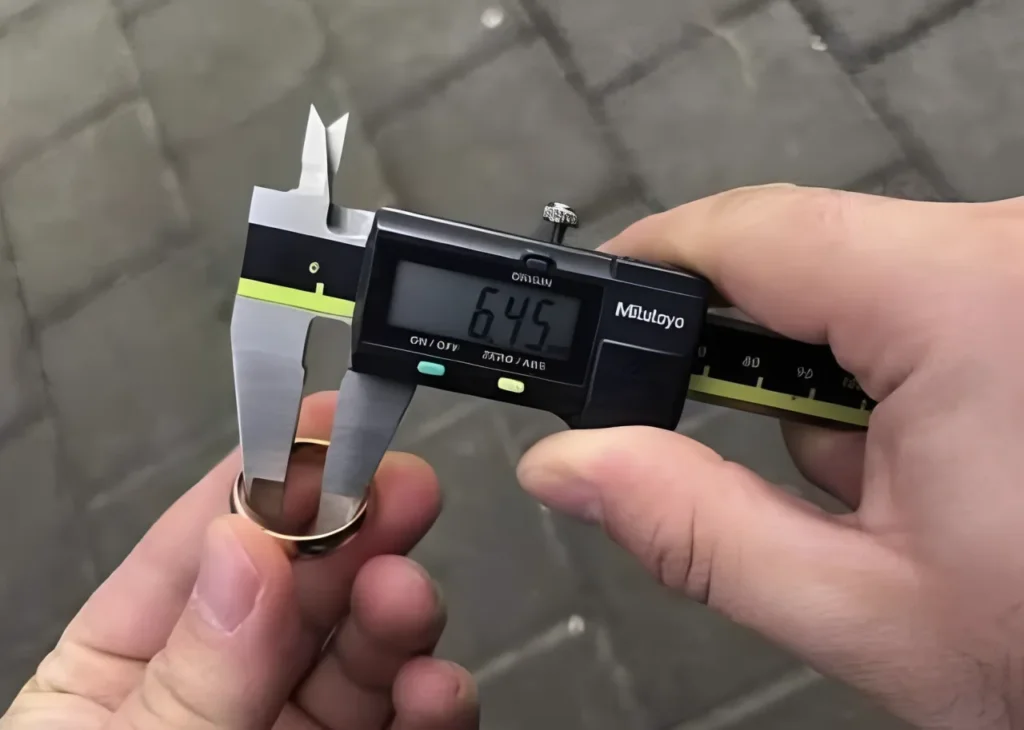 Technician using a digital caliper to verify an O-ring dimension.

