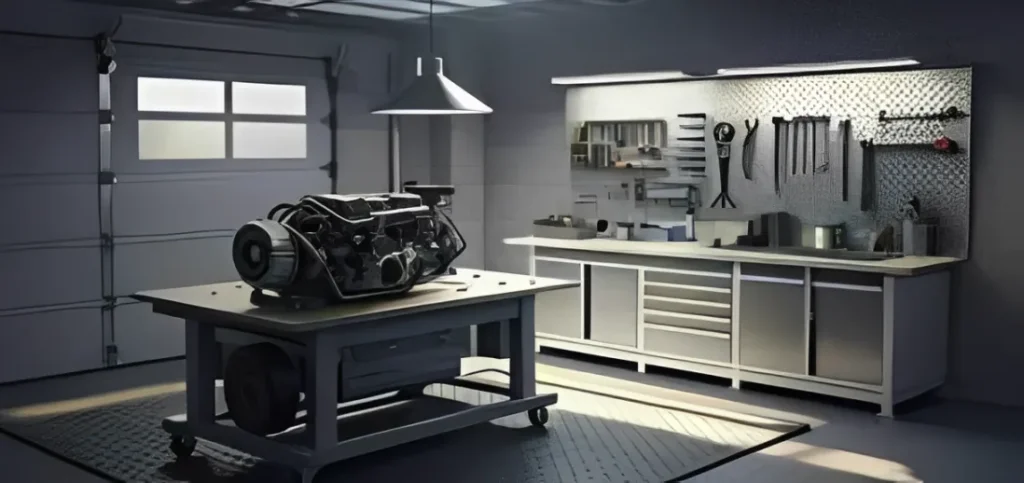 Fully staged engine rebuild workbench.

