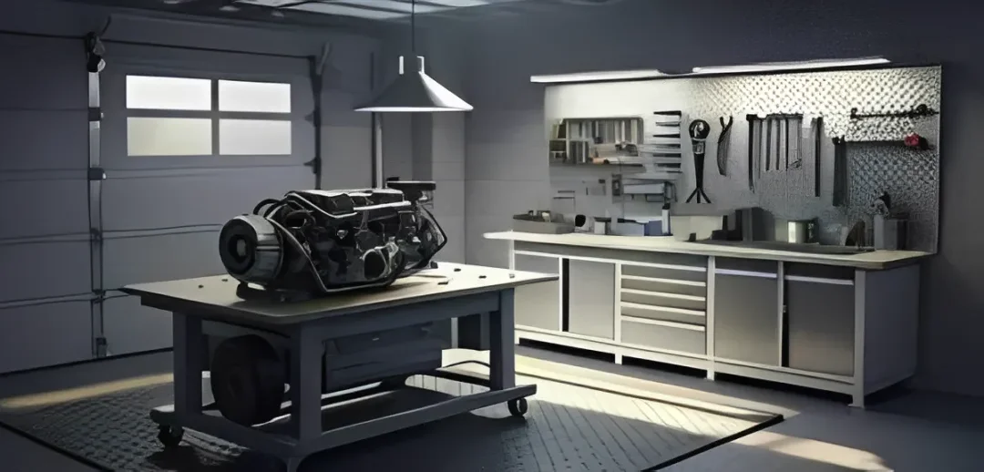 Fully staged engine rebuild workbench.