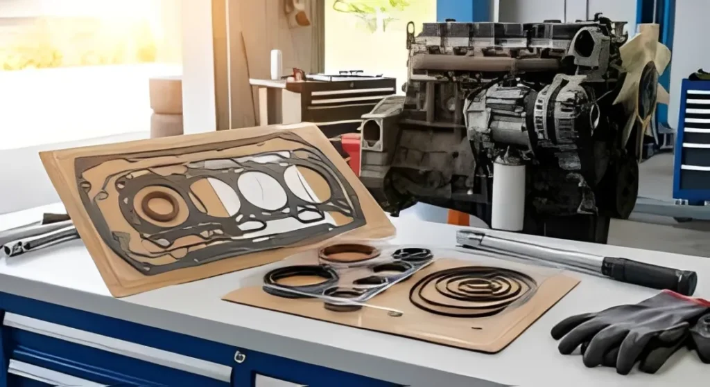 A complete full engine gasket kit laid out on a workbench, showing all upper and lower seals.
