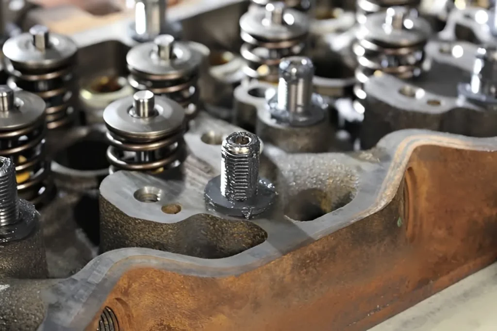  Close up of Cummins cylinder head bolts next to a head gasket, with a red X indicating bolts are sold separately.
