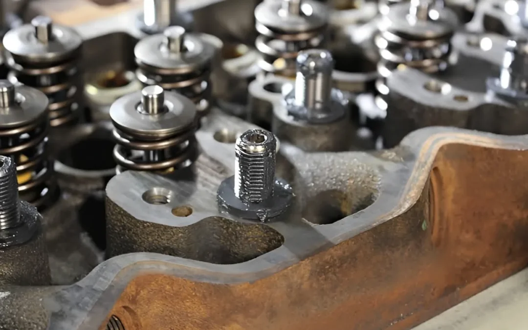 Close up of Cummins cylinder head bolts next to a head gasket, with a red X indicating bolts are sold separately.