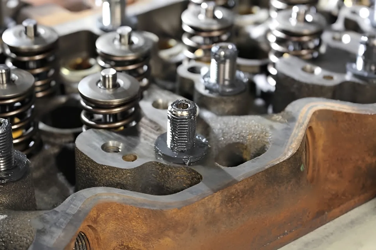 Close up of Cummins cylinder head bolts next to a head gasket, with a red X indicating bolts are sold separately.